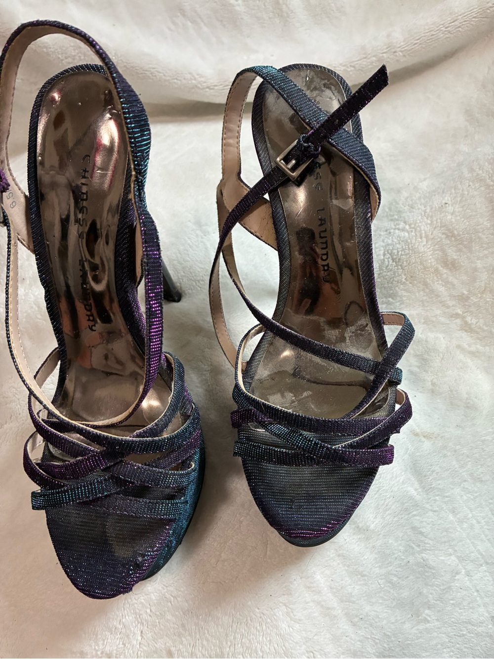 Strappy Iridescent Blue-Purple Slingback Heels